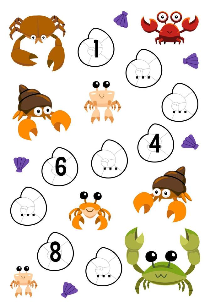 Education game for complete the sequence of number with cute cartoon crab picture printable underwater worksheet vector