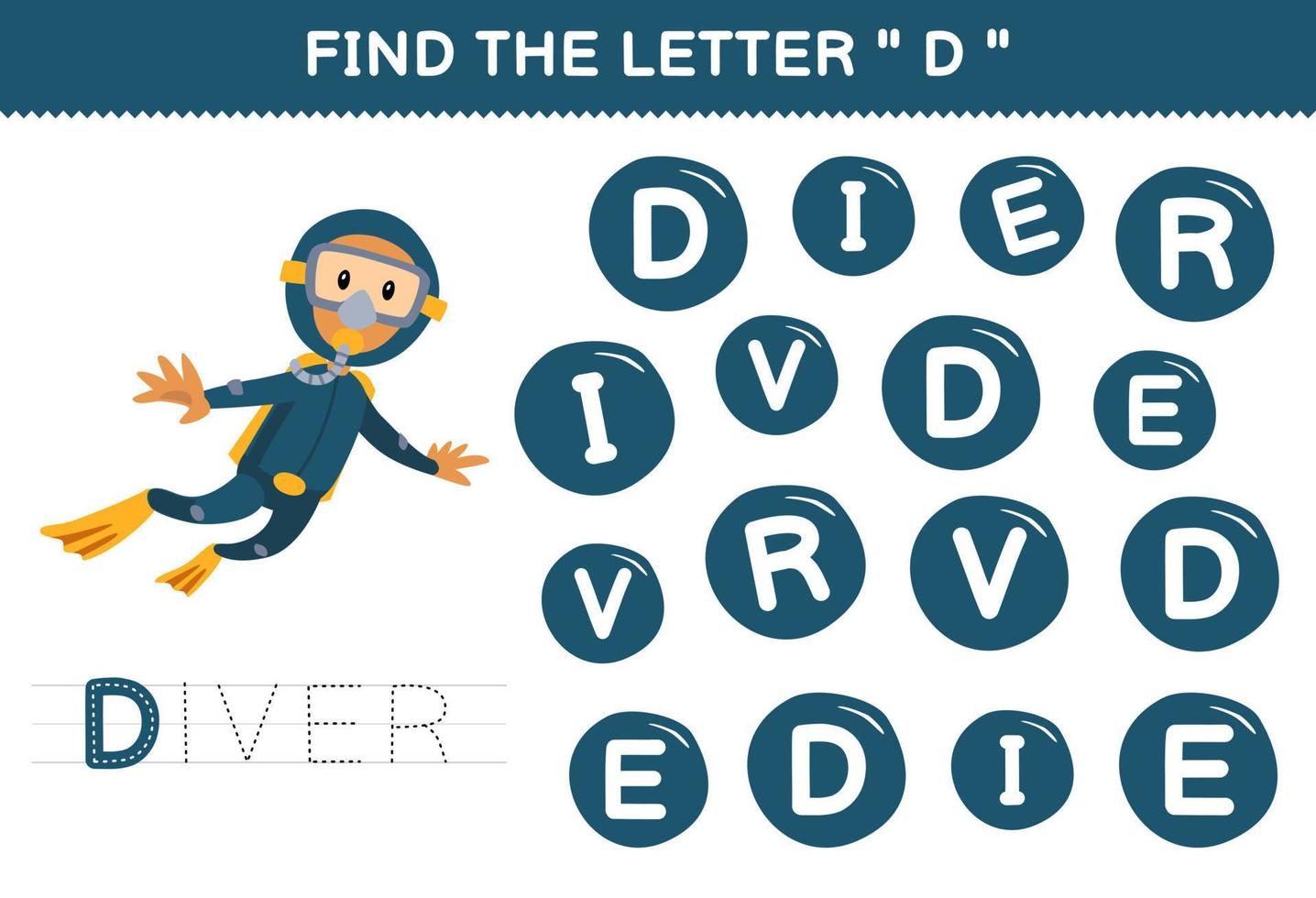 Education game for children find the letter D with cute cartoon diver printable underwater worksheet vector