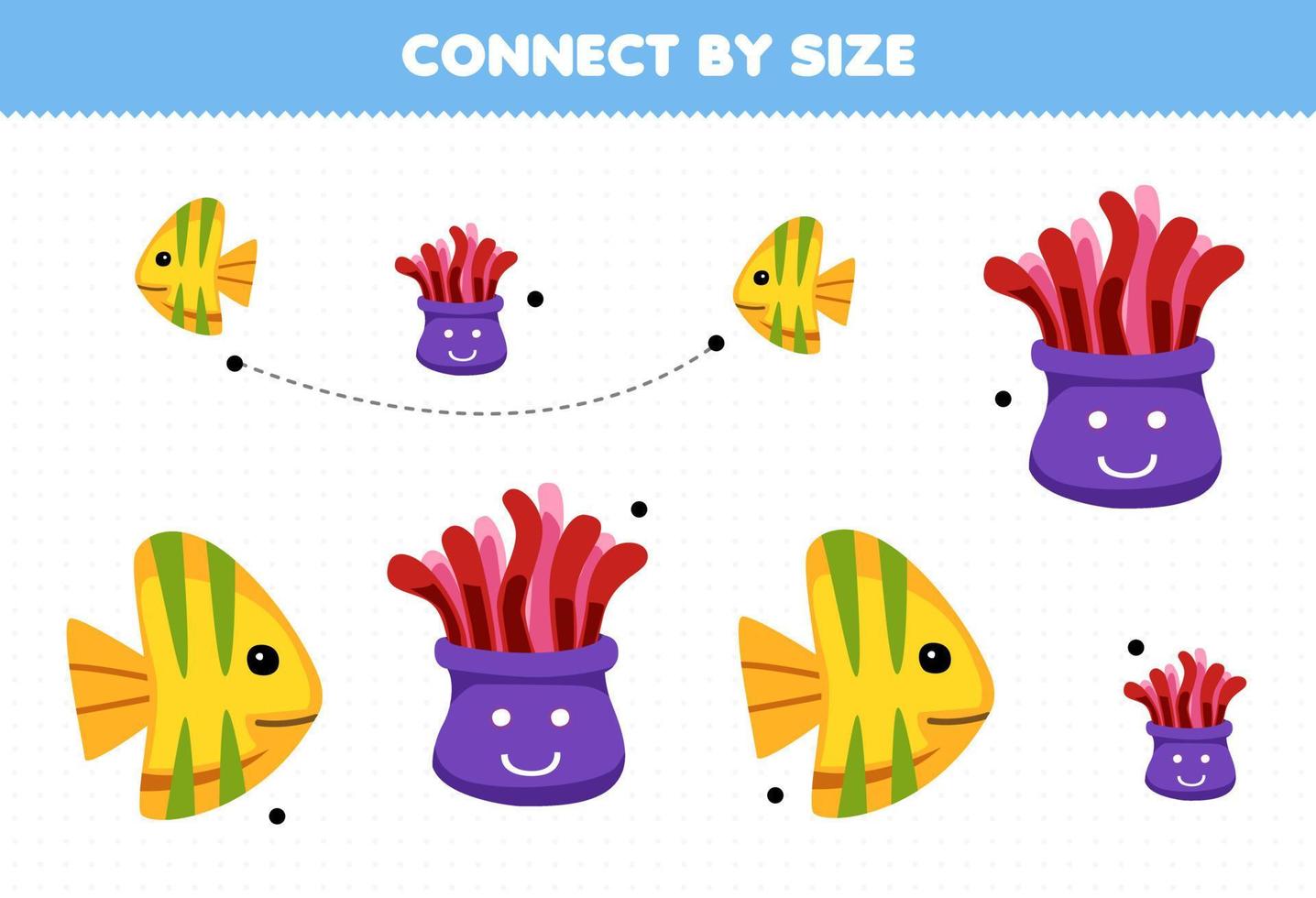 Educational game for kids connect by the size of cute cartoon fish and anemone printable underwater worksheet vector