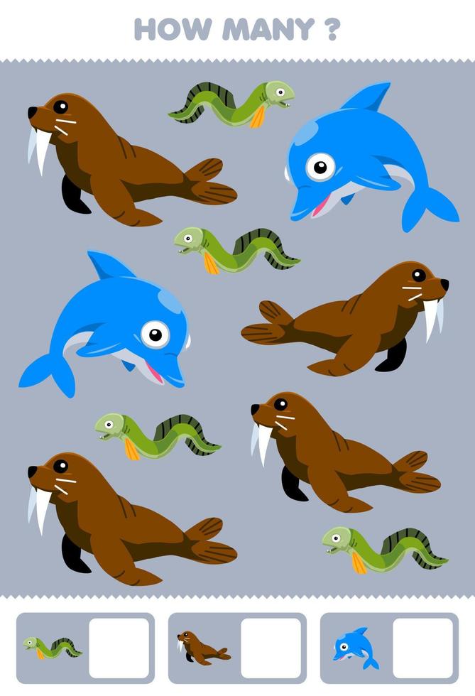 Education game for children searching and counting how many pictures of cute cartoon walrus eel dolphin printable underwater worksheet vector