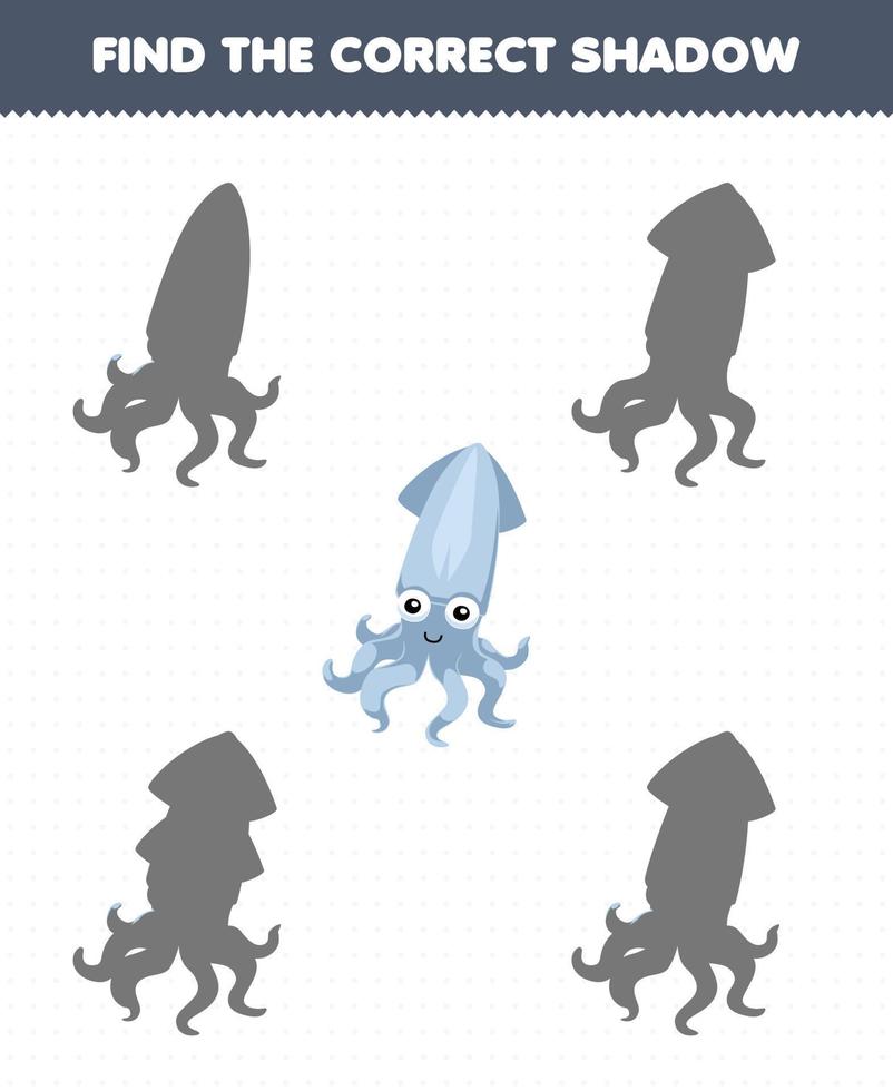 Education game for children find the correct shadow of cute cartoon squid printable underwater worksheet vector