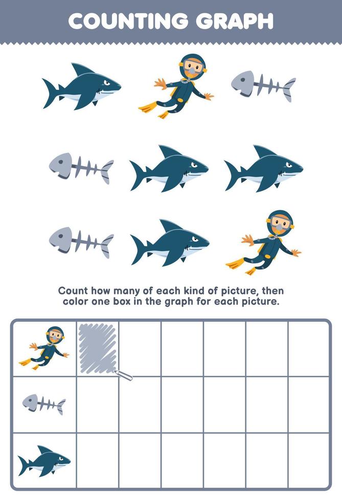 Education game for children count how many cute cartoon diver fish bone shark then color the box in the graph printable underwater worksheet vector