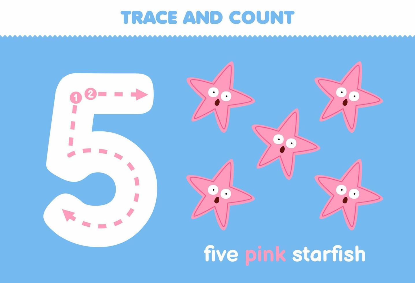 Education game for children fun counting five pink starfish printable underwater worksheet vector