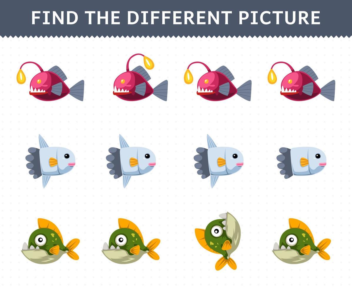 Education game for children find the different picture in each row of cute cartoon sunfish piranha printable underwater worksheet vector