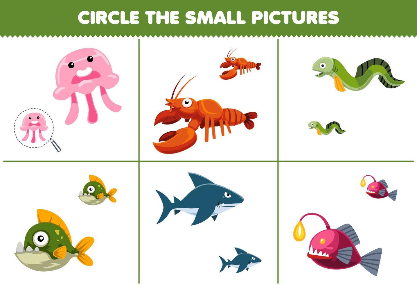 Education game for children circle the small picture of cute cartoon jellyfish lobster eel piranha shark fish printable underwater worksheet vector