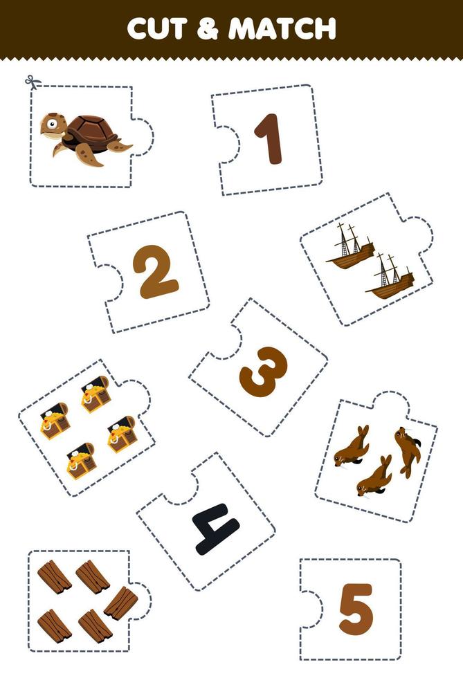 Education game for children cut piece of puzzle and match by number of cute cartoon turtle wrecked ship walrus treasure chest printable underwater worksheet vector