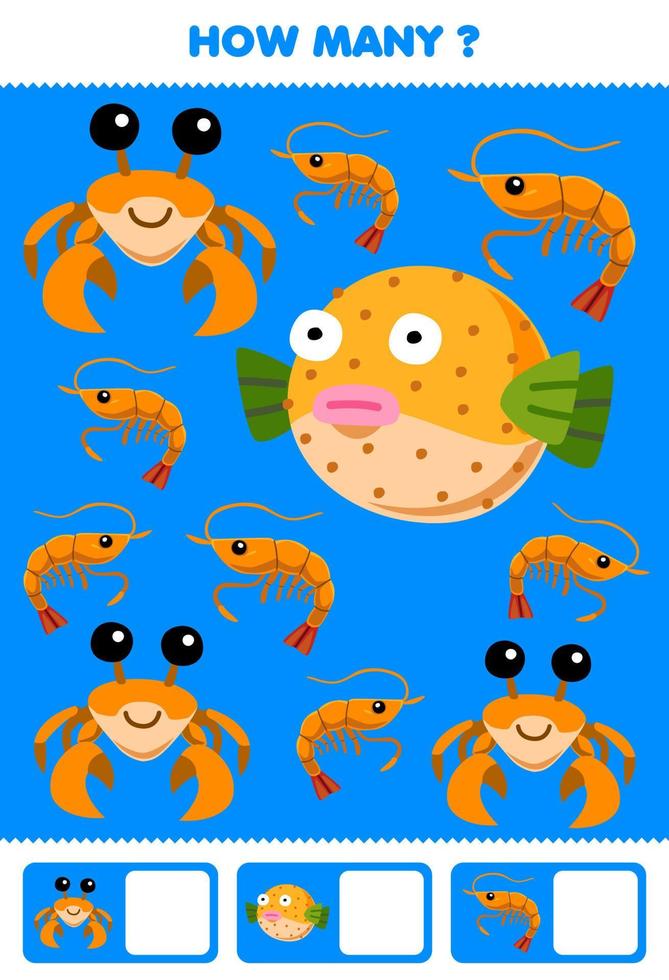juego educativo para niños que buscan y cuentan cuántas imágenes de lindos dibujos animados camarones cangrejo frailecillo hoja de trabajo imprimible bajo el agua vector