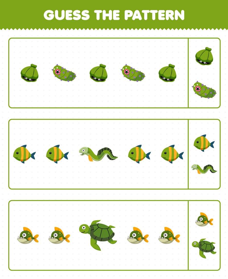 Education game for children guess the pattern each row from cute cartoon shell sea cucumber fish eel piranha turtle printable underwater worksheet vector