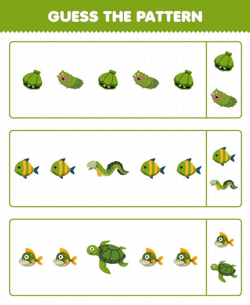 juego educativo para niños adivina el patrón de cada fila de una linda caricatura concha pepino de mar pez anguila piraña tortuga hoja de trabajo subacuática imprimible vector