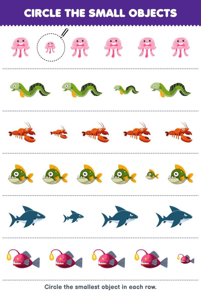 Education game for children circle the smallest object in each row of cute cartoon jellyfish eel lobster piranha shark fish printable underwater worksheet vector