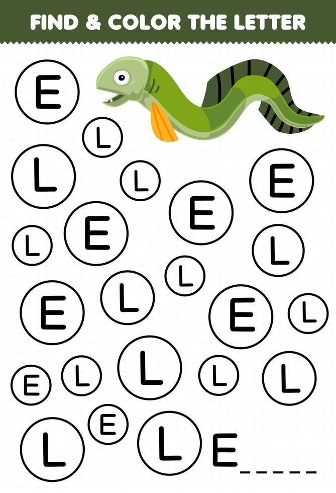 Education game for children find and color letter E for eel printable underwater worksheet vector