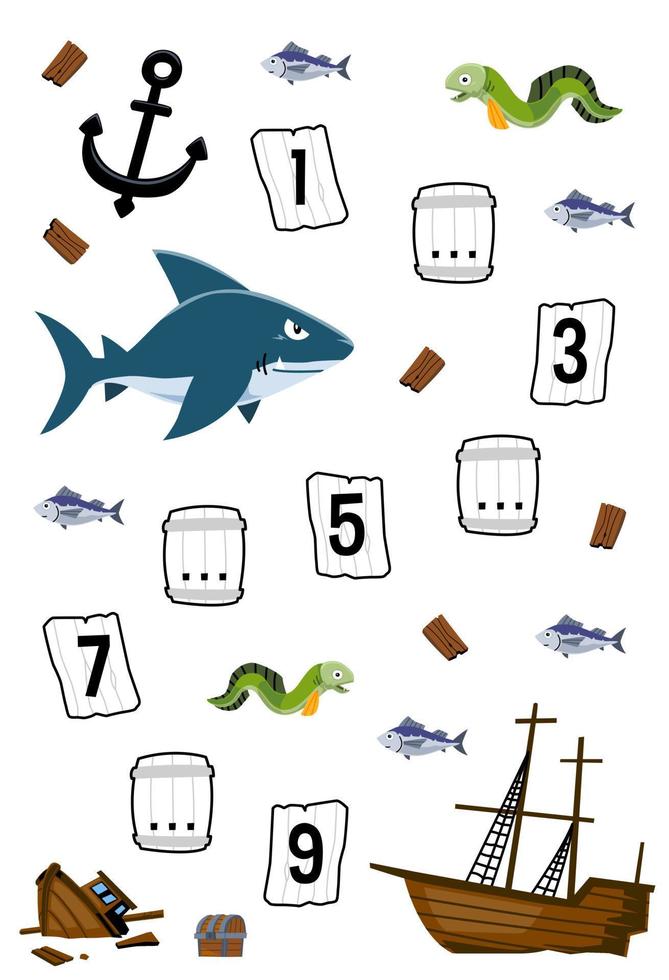 juego educativo para completar la secuencia de números con un lindo tiburón de dibujos animados y una hoja de trabajo subacuática imprimible con una imagen de un barco naufragado vector