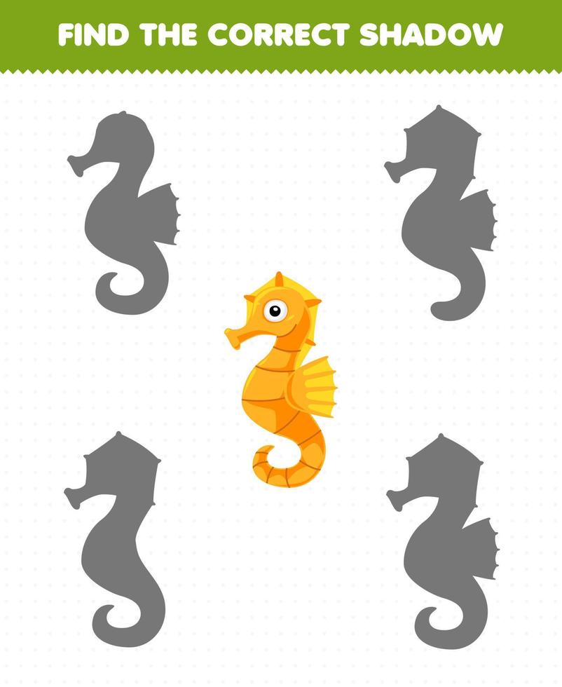 Education game for children find the correct shadow of cute cartoon seahorse printable underwater worksheet vector