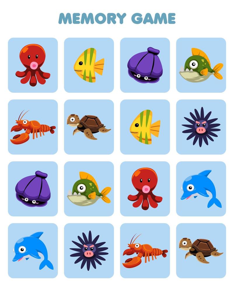Education game for children memory to find similar pictures of cute cartoon octopus fish shell lobster turtle piranha dolphin urchin printable underwater worksheet vector
