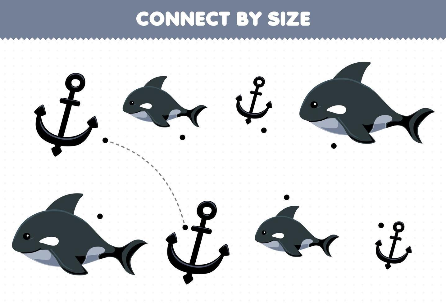 Educational game for kids connect by the size of cute cartoon anchor and orca printable underwater worksheet vector