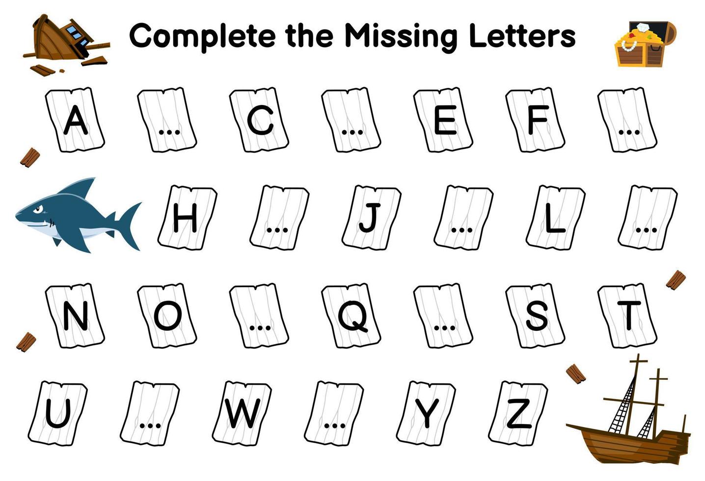 Education game for complete the missing letters with cute cartoon shark treasure chest and wrecked ship picture printable underwater worksheet vector