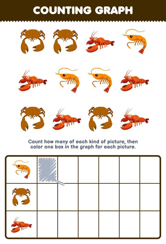 Education game for children count how many cute cartoon shrimp crab lobster then color the box in the graph printable underwater worksheet vector