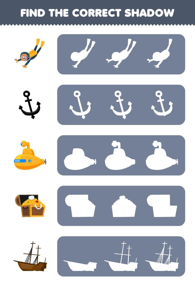 Education game for children find the correct shadow silhouette of cute cartoon diver anchor submarine treasure chest wrecked ship printable underwater worksheet vector