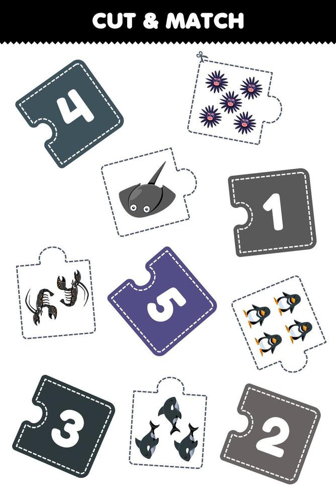 Education game for children cut piece of puzzle and match by number of cute cartoon stingray lobster orca penguin urchin printable underwater worksheet vector