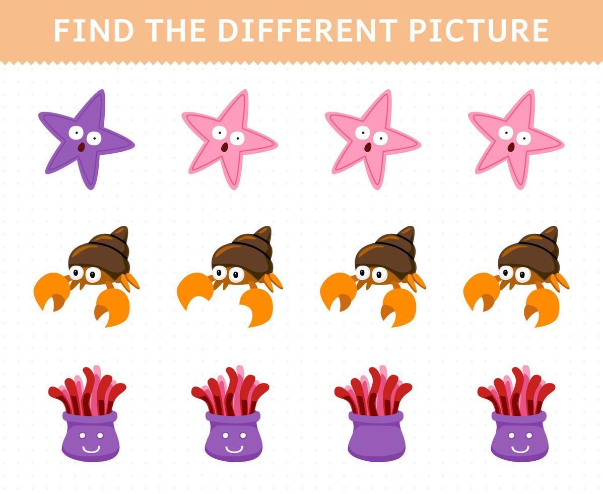 Education game for children find the different picture in each row of cute cartoon starfish hermit crab anemone printable underwater worksheet vector