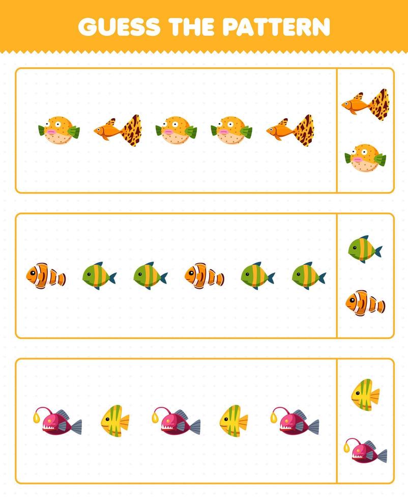 Education game for children guess the pattern each row from cute cartoon fish printable underwater worksheet vector