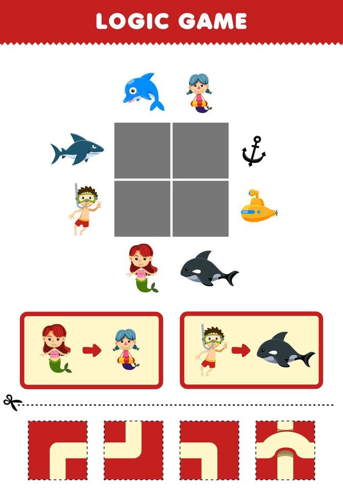 Education game for children logic puzzle build the road for mermaid and diver move to mermaid and orca printable underwater worksheet vector