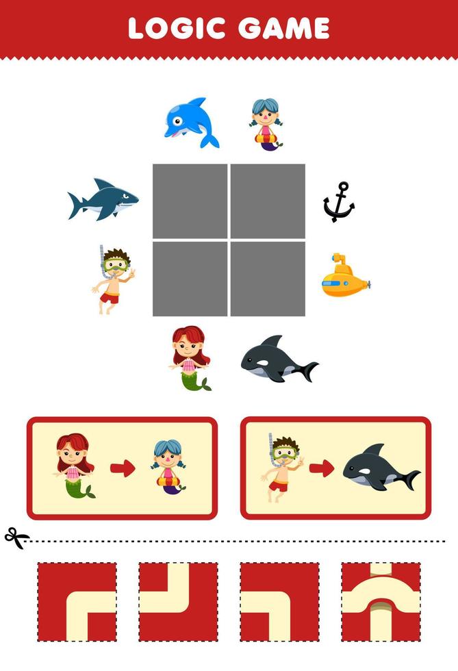 juego educativo para niños rompecabezas de lógica construir el camino para sirena y buzo pasar a sirena y orca hoja de trabajo subacuática imprimible vector