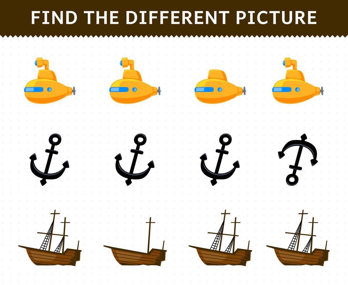 Education game for children find the different picture in each row of cute cartoon submarine anchor wrecked ship printable underwater worksheet vector