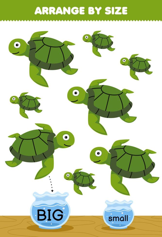 Education game for children arrange by size big or small put it in the fish bowl of cute cartoon turtle printable underwater worksheet vector