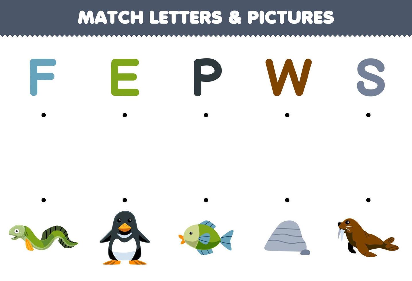 Education game for children match letters and pictures of cute cartoon eel penguin fish stone walrus printable underwater worksheet vector