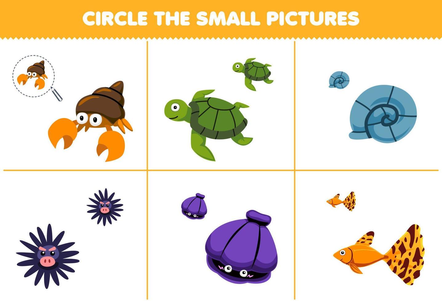 Education game for children circle the small picture of cute cartoon hermit crab turtle shell urchin fish printable underwater worksheet vector