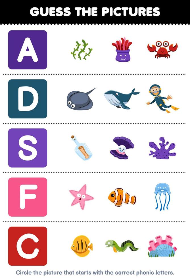 Education game for children guess the correct picture for phonic word that starts with letter A D S F and C printable underwater worksheet vector