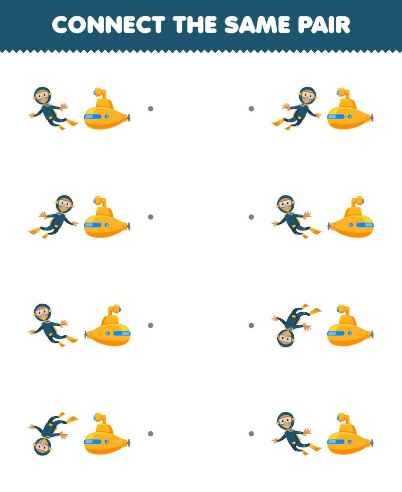 Education game for children connect the same picture of cute cartoon diver and submarine pair printable underwater worksheet vector