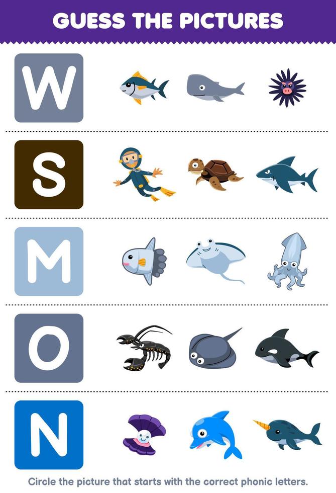 Education game for children guess the correct picture for phonic word that starts with letter W S M O and N printable underwater worksheet vector