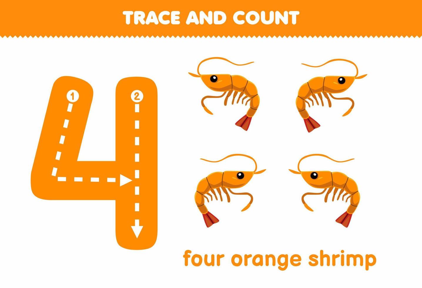 juego educativo para niños diversión contando cuatro camarones naranjas hoja de trabajo subacuática imprimible vector