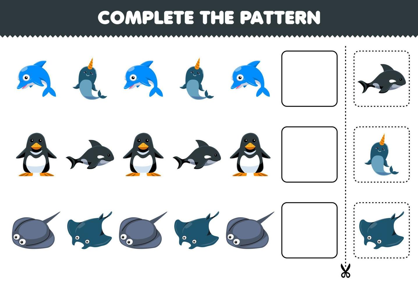 juego educativo para niños corta y completa el patrón de cada fila de una linda hoja de trabajo de dibujos animados delfín narval pingüino orca manta raya vector