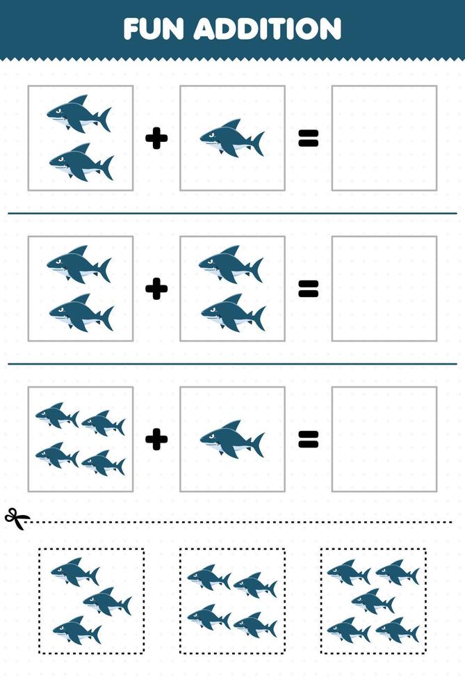 juego educativo para niños, adición divertida cortando y combinando lindas imágenes de tiburones de dibujos animados para una hoja de trabajo subacuática imprimible vector