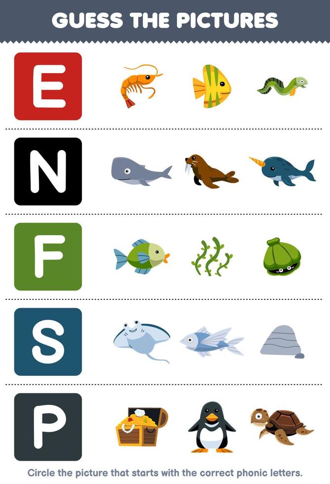 Education game for children guess the correct picture for phonic word that starts with letter E N F S and P printable underwater worksheet vector