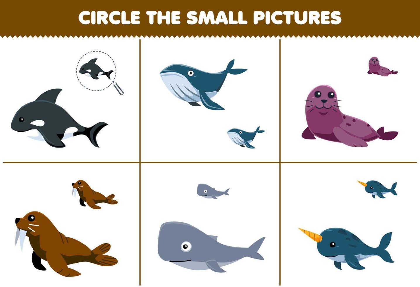 Education game for children circle the small picture of cute cartoon orca whale seal walrus narwhal printable underwater worksheet vector