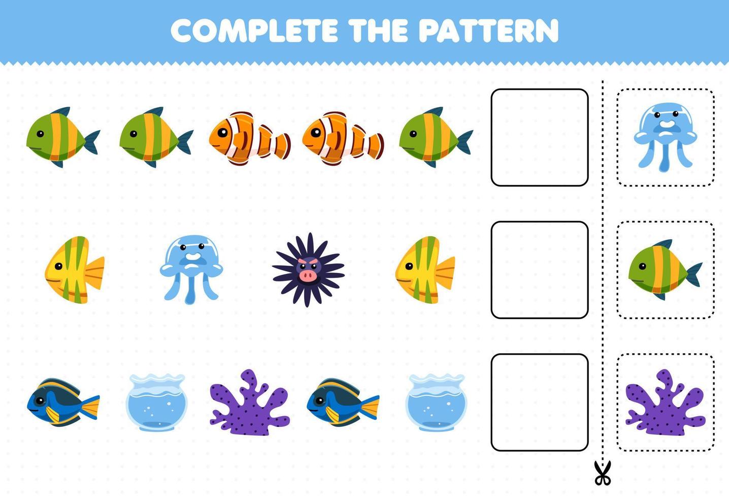 Education game for children cut and complete the pattern of each row from a cute cartoon fish jellyfish urchin coral worksheet vector