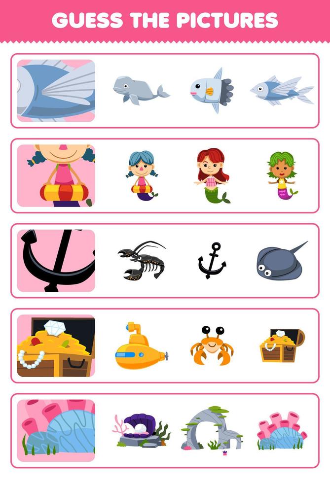 Education game for children guess the correct pictures of cute cartoon fish mermaid anchor treasure chest coral printable underwater worksheet vector