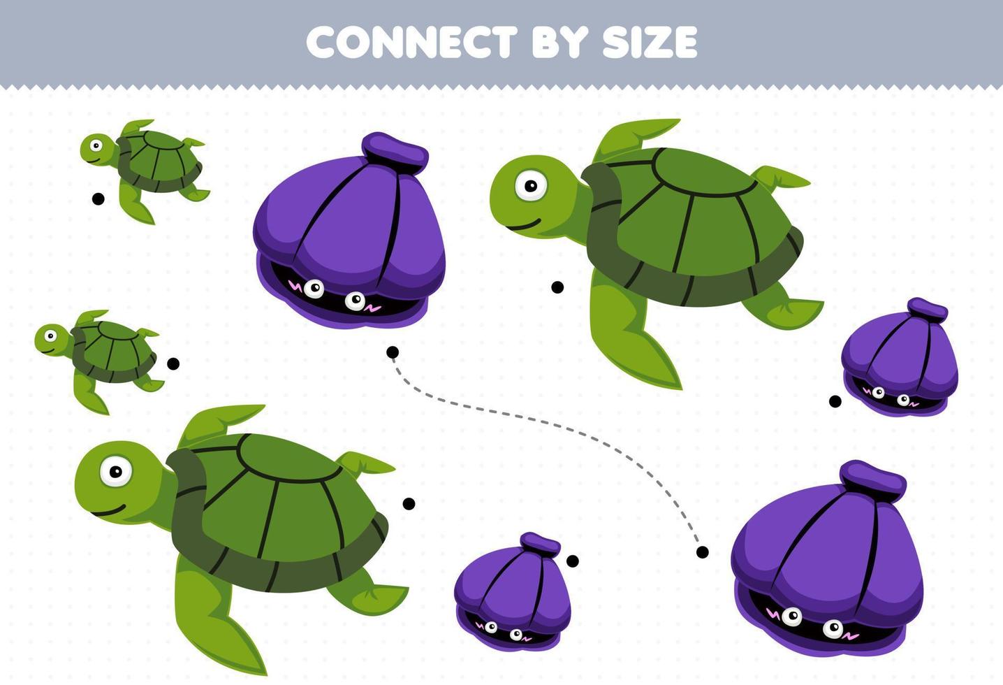Educational game for kids connect by the size of cute cartoon turtle and shell printable underwater worksheet vector
