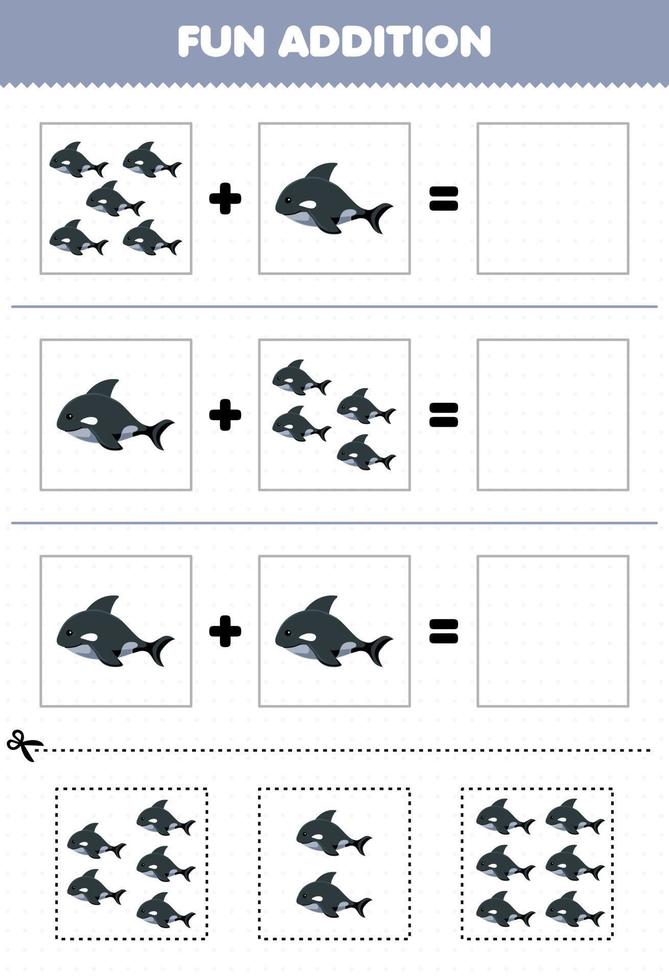 juego educativo para niños, adición divertida cortando y combinando lindas imágenes de orcas de dibujos animados para la hoja de trabajo imprimible bajo el agua vector