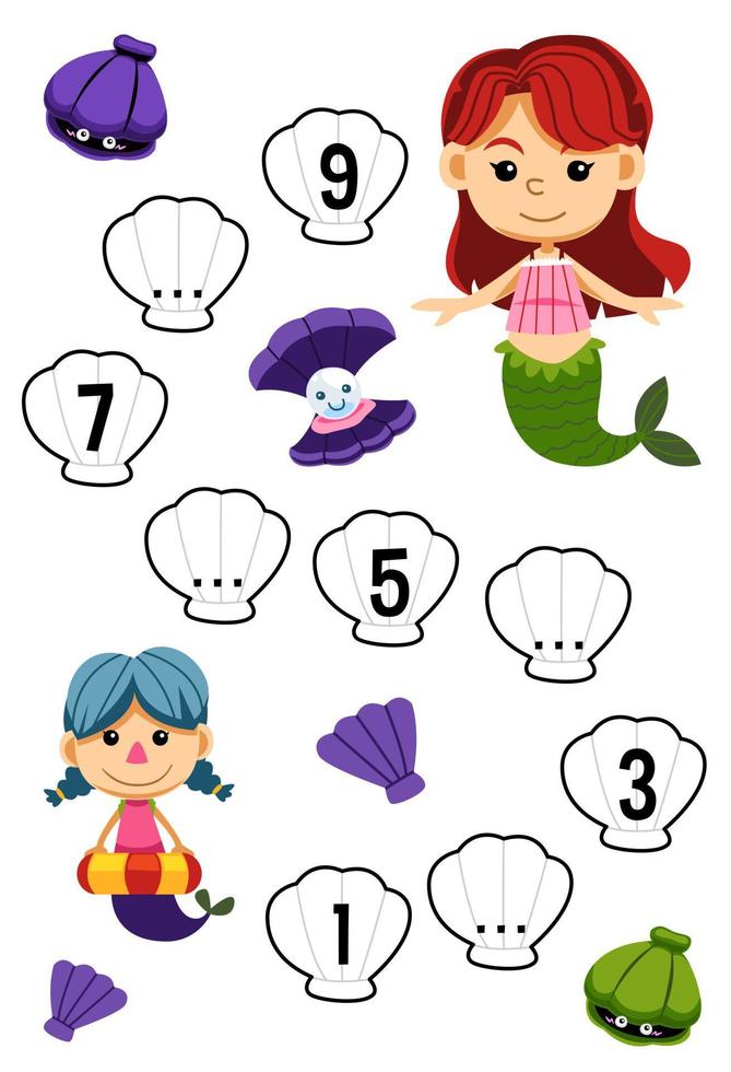 Education game for complete the sequence of number with cute cartoon mermaid and shell picture printable underwater worksheet vector