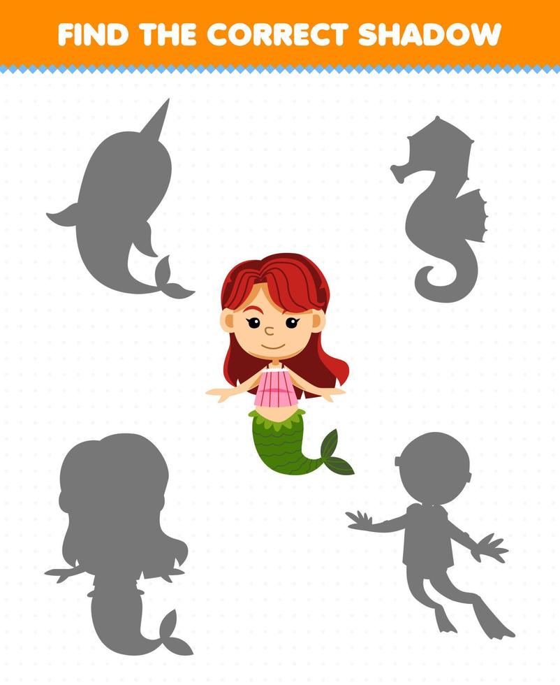 juego educativo para niños encuentra la sombra correcta de la hoja de trabajo subacuática imprimible de sirena de dibujos animados lindo vector