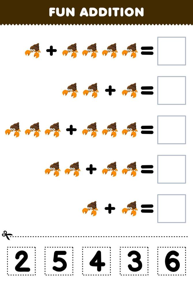 juego educativo para niños divertido además de cortar y combinar el número correcto para la hoja de trabajo imprimible bajo el agua del cangrejo ermitaño de dibujos animados lindo vector