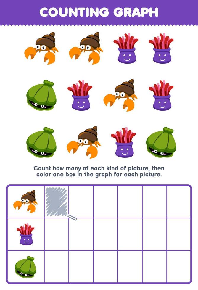 Education game for children count how many cute cartoon hermit crab anemone shell then color the box in the graph printable underwater worksheet vector
