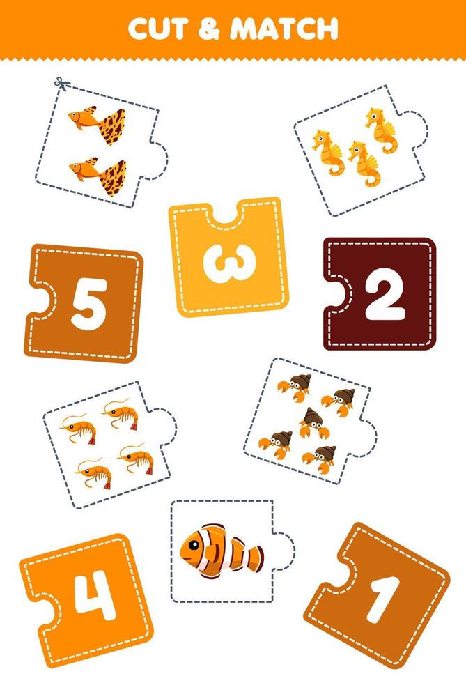 Education game for children cut piece of puzzle and match by number of cute cartoon fish seahorse shrimp hermit crab printable underwater worksheet vector