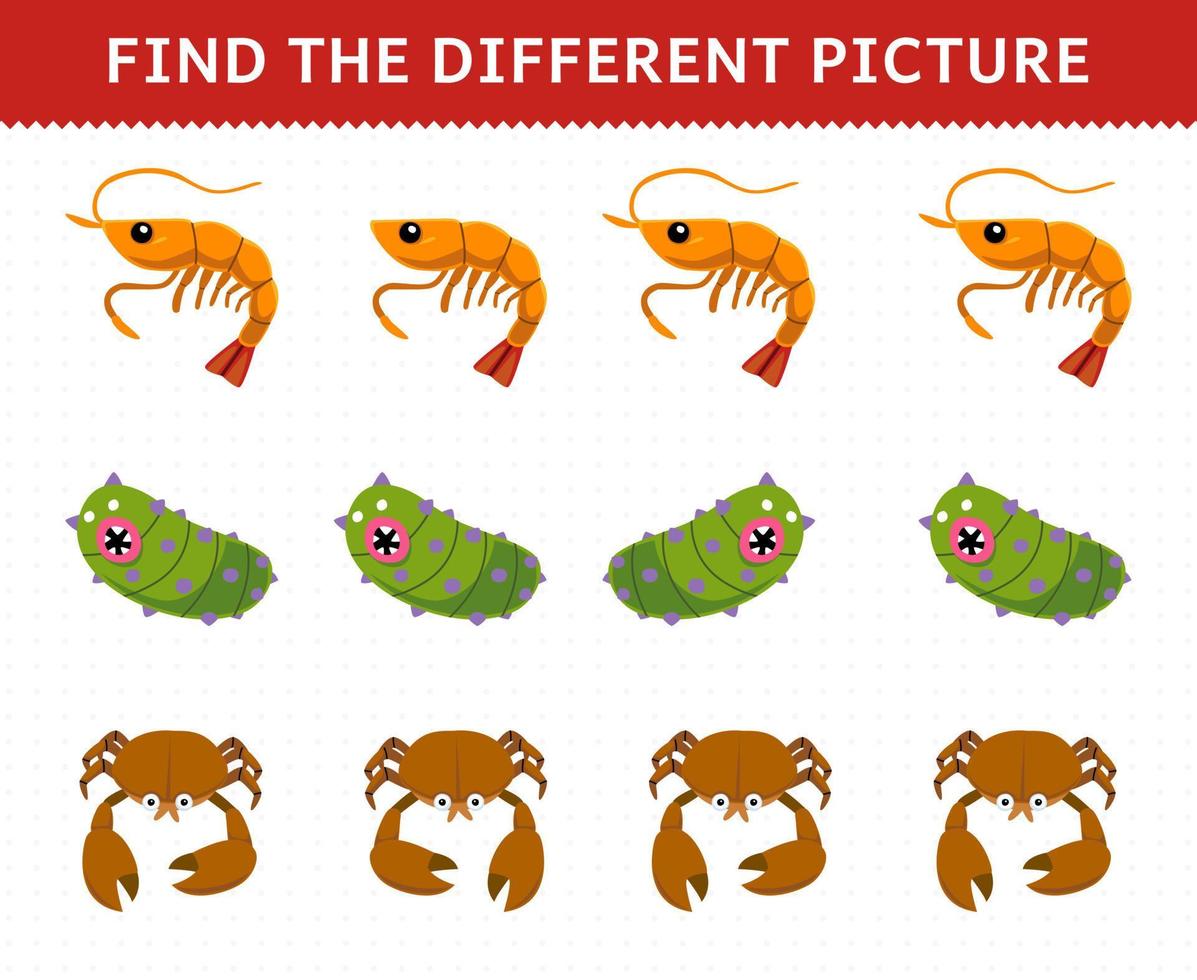 Education game for children find the different picture in each row of cute cartoon shrimp sea cucumber crab printable underwater worksheet vector