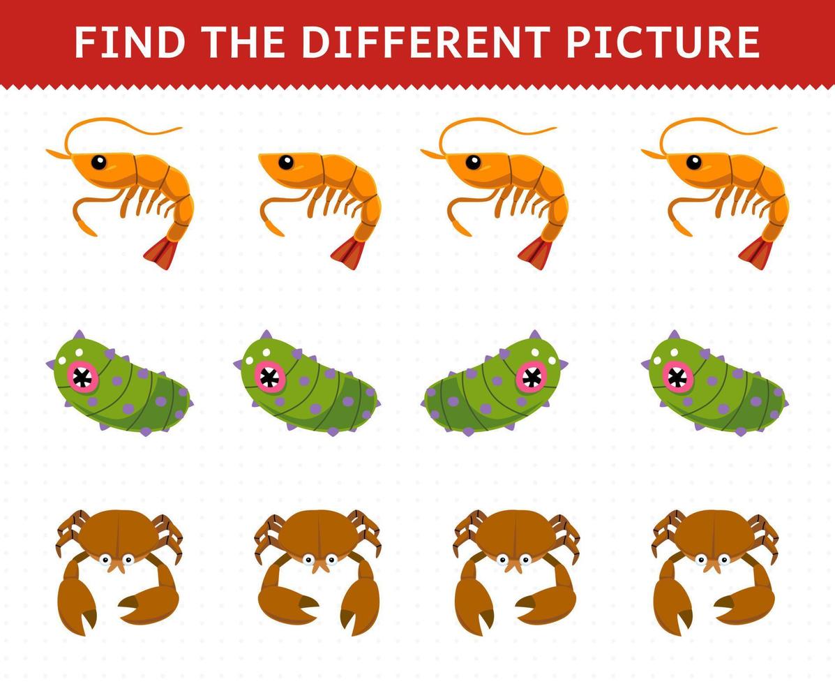 juego educativo para niños encuentra la imagen diferente en cada fila de la hoja de trabajo subacuática imprimible de cangrejo de pepino de mar de camarones de dibujos animados lindo vector